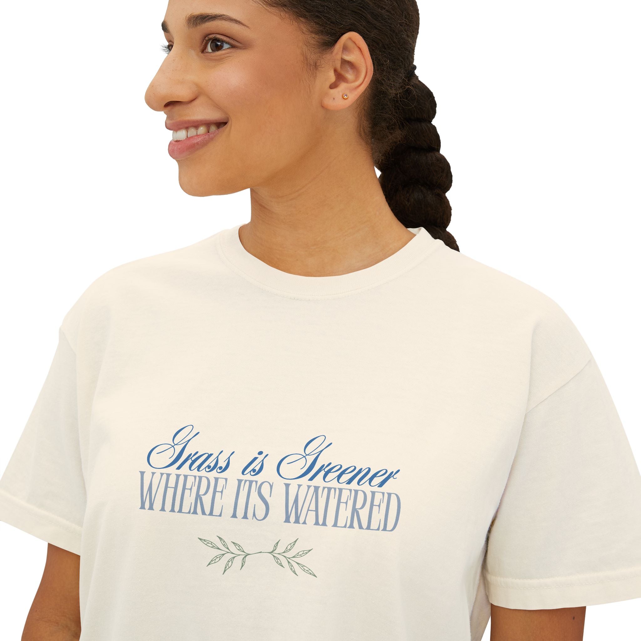 Boxy Tee — "Grass Is Greener Where It's Watered" Floral Graphic