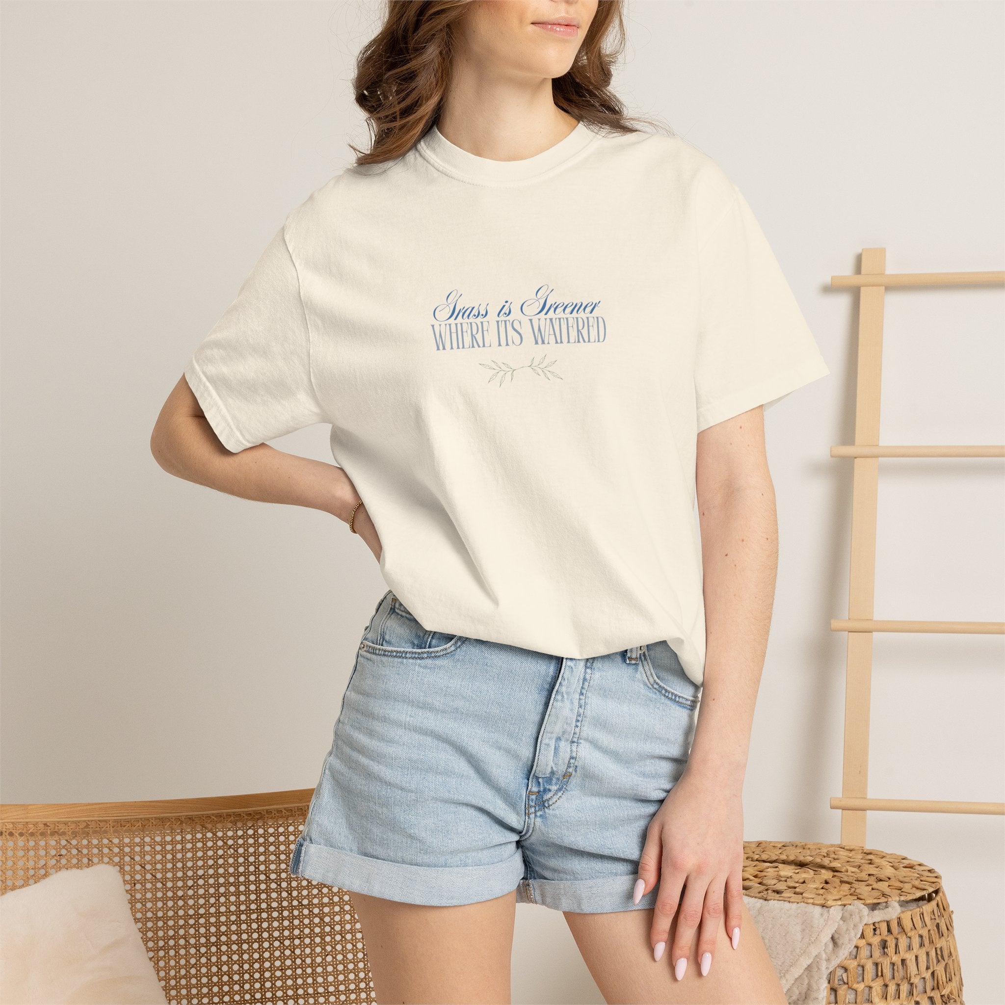 Unisex Minimal T-Shirt— "Grass is Greener Where Its Watered" Minimal Script Tee