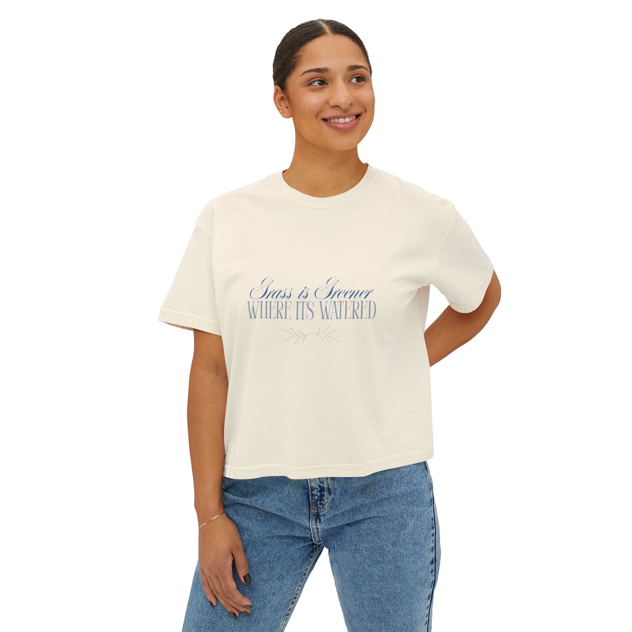 Boxy Tee — "Grass Is Greener Where It's Watered" Floral Graphic