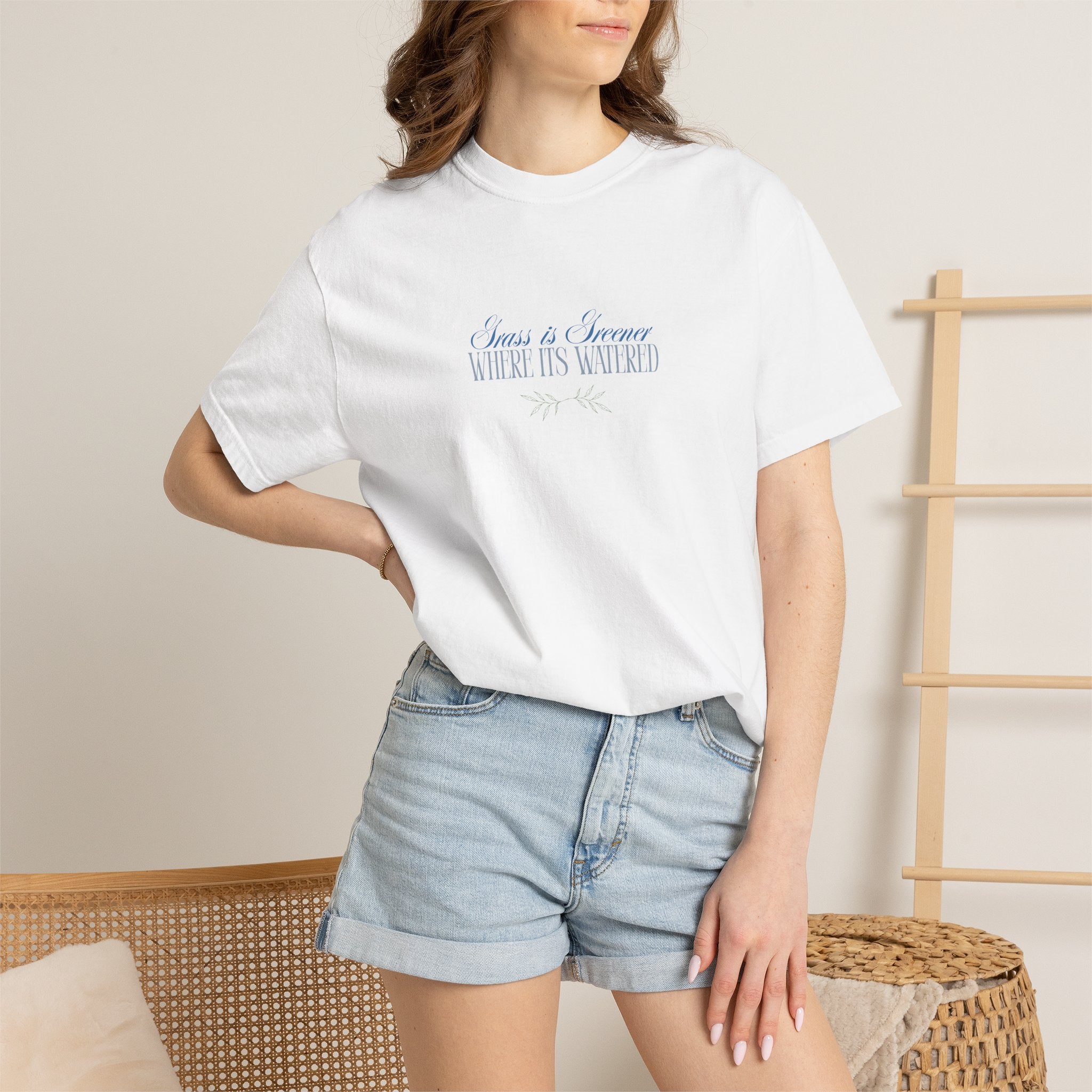 Unisex Minimal T-Shirt— "Grass is Greener Where Its Watered" Minimal Script Tee